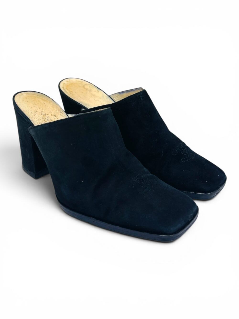 Chanel Vintage CC Logo Black Suede Block Heel Mules 35.5 Square Toe Slides Italy